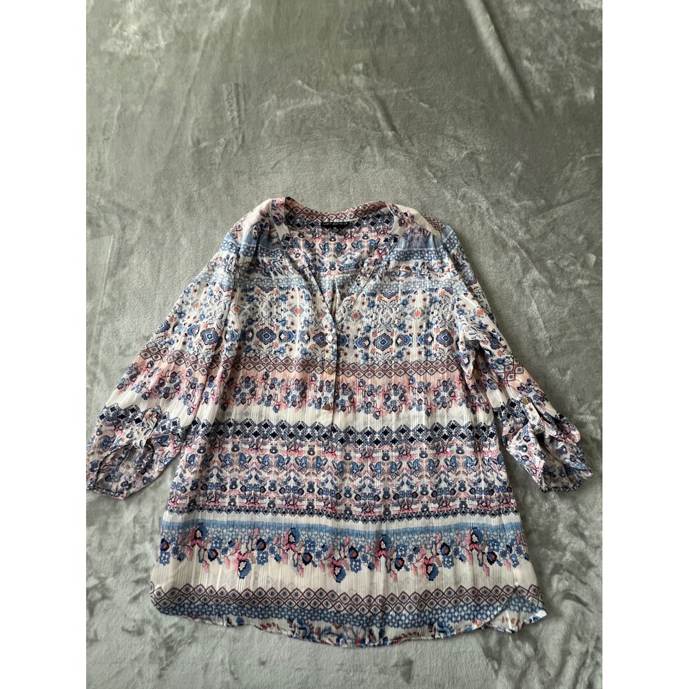 Sara Michelle Blouse Women XL Multicolor Boho Geometric 3/4 Roll Tab Sleeve